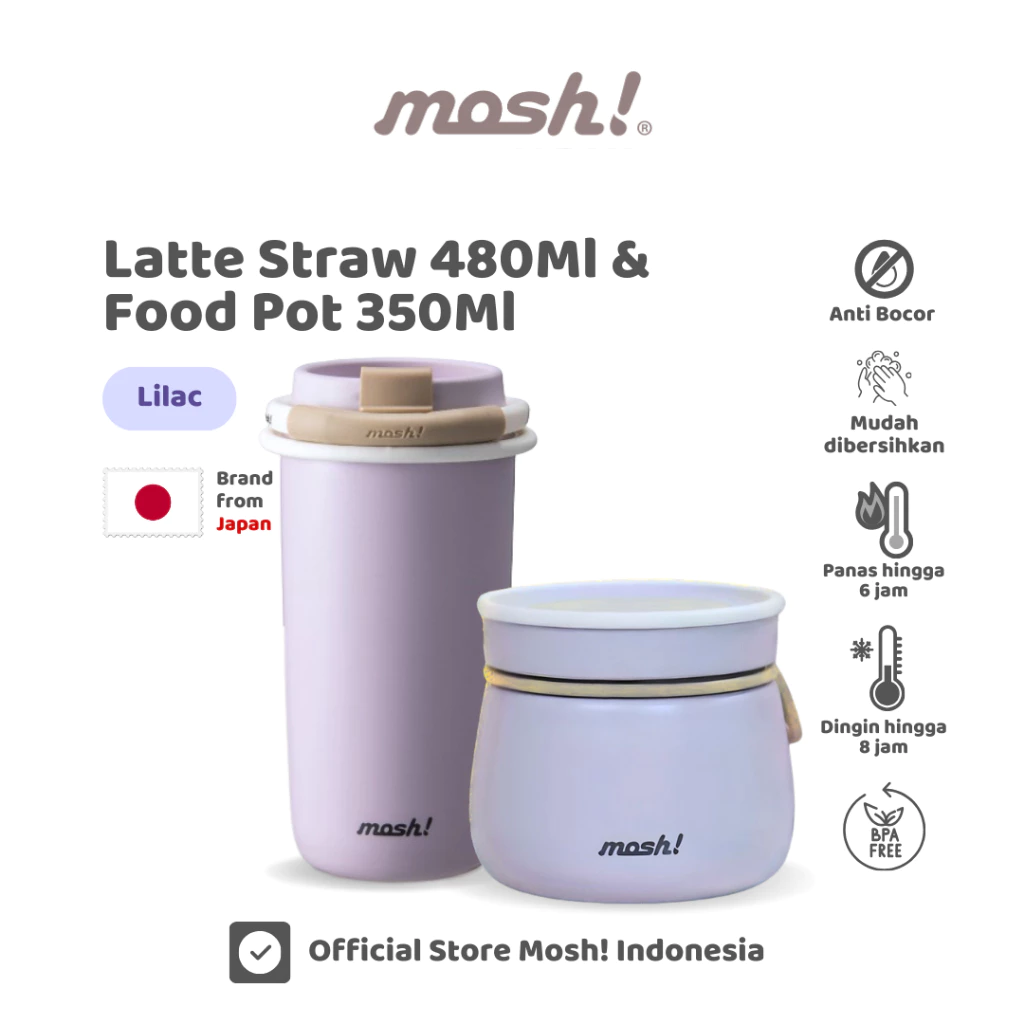 Mosh Bottle Latte Straw 450ML Lilac & Mosh Food Pot 350ML Lilac