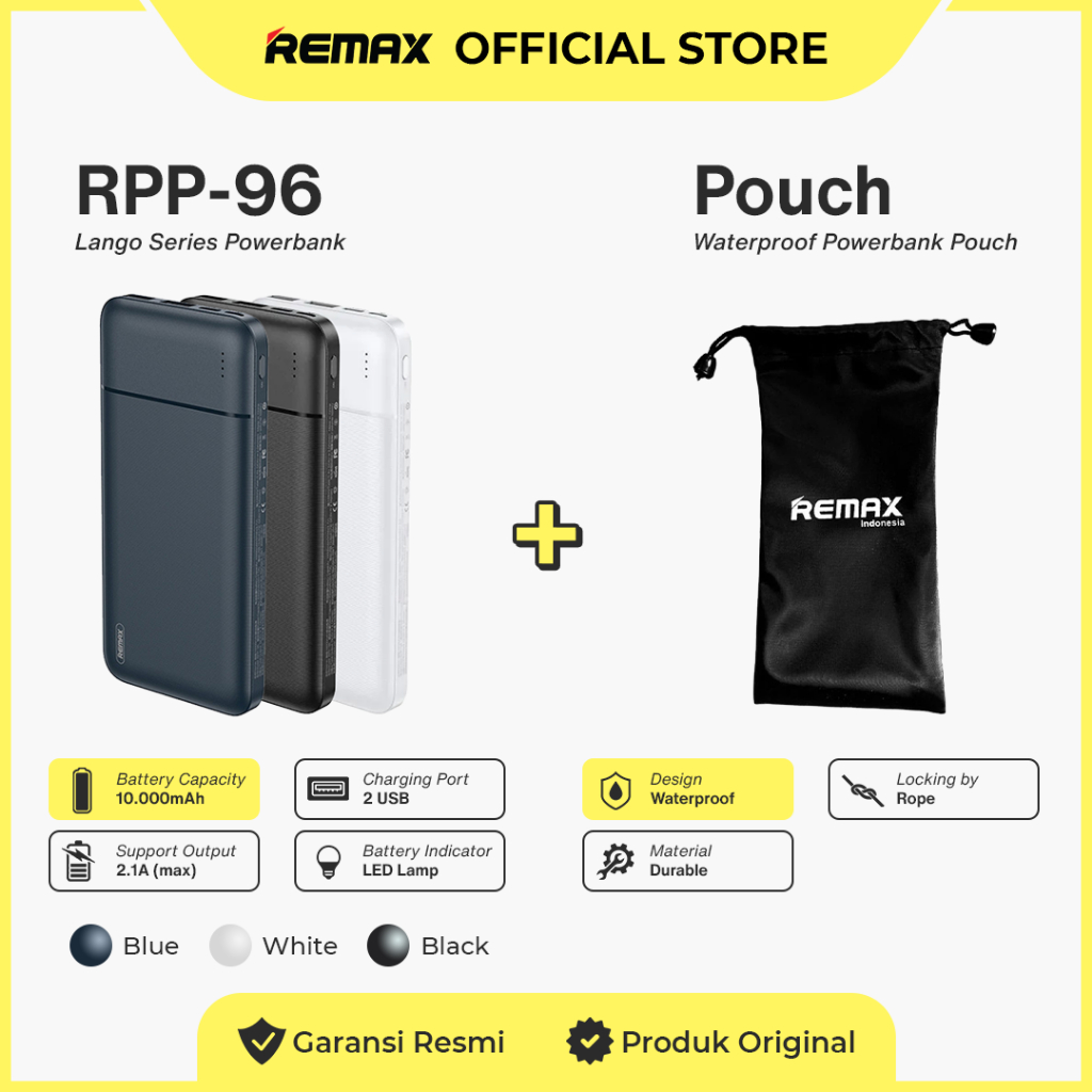 Jual Remax Bundling Powerbank 10000mAh 2,1Ampere RPP-96 + Pouch ...