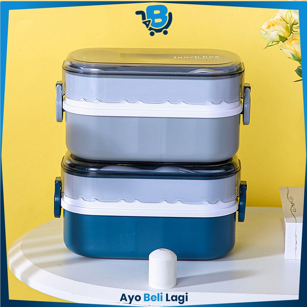 Jual Lunch Box Kotak Makan 2 Tingkat Anti Tumpah 1000ML dengan Sendok ...