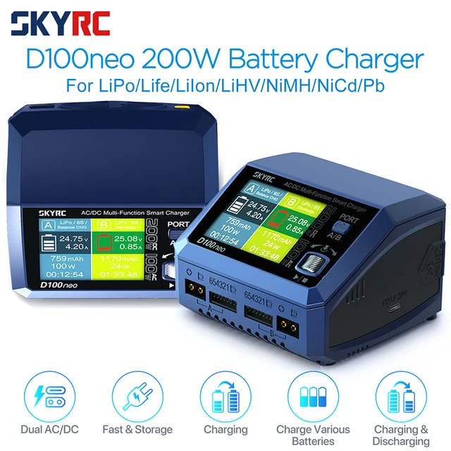 Chargeur SkyRC D100neo 100W AC / 200W DC - Pour Batteries LiPo, LiFe, NiMH, Etc. Double Port
