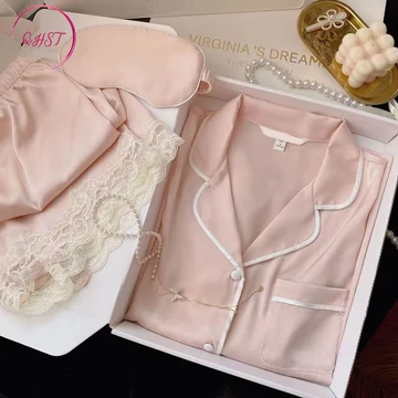 QHST Piyama Wanita Renda Hijau Pola Set Satin Import Pajamas Wanita Baju Tidur Wanita Dewasa