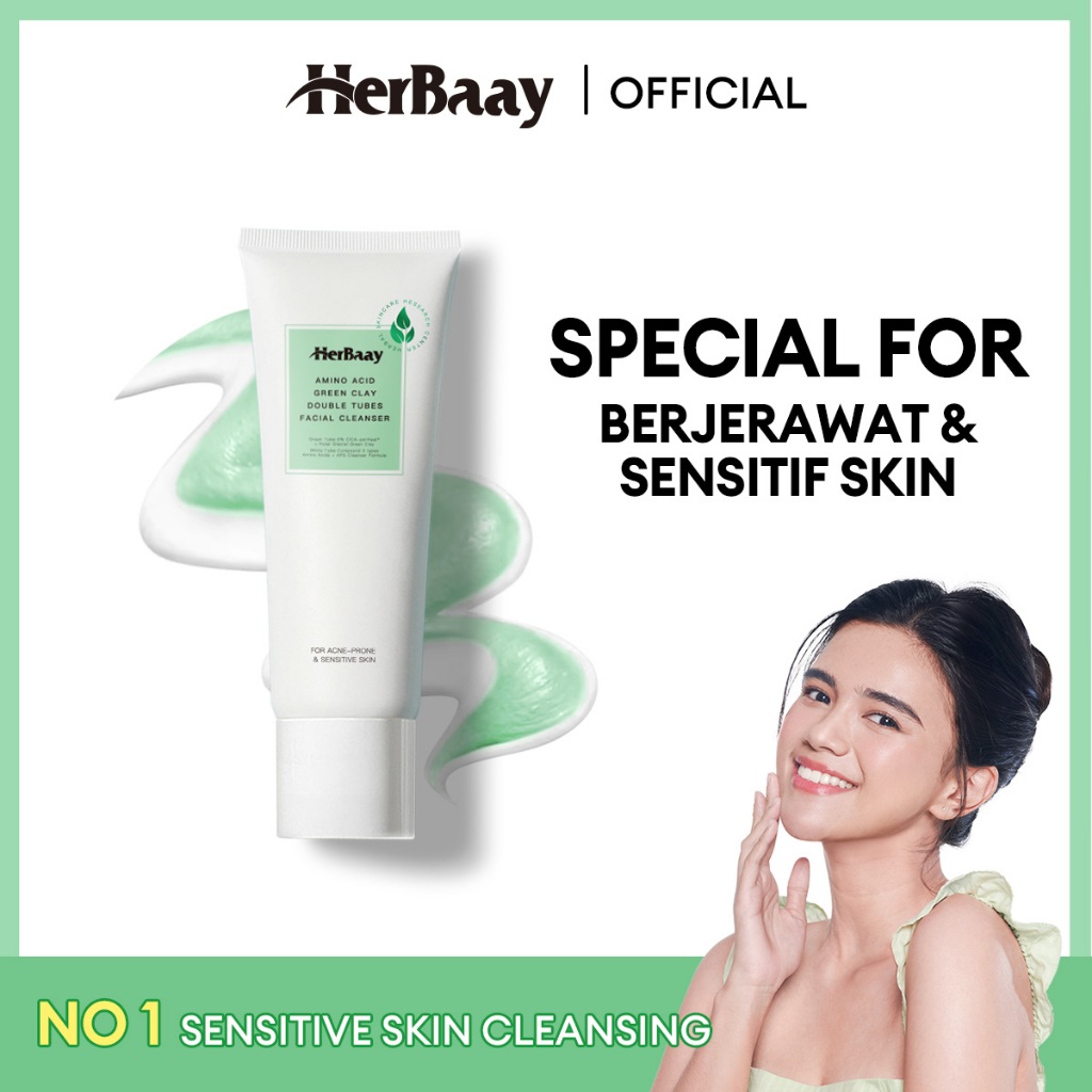 Jual HerBaay Acnes Facial Wash 7X Amino Acid Green Clay Double Tubes