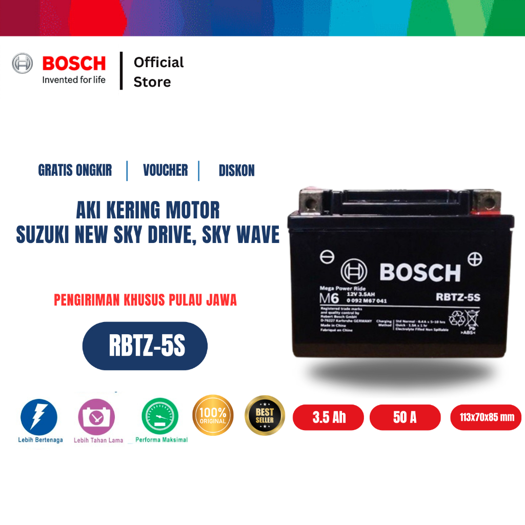 Bosch RBTZ-5S Aki Kering Motor Suzuki New Skywave, Sky Wave CW, Sky Wave NR - Maintenance Free