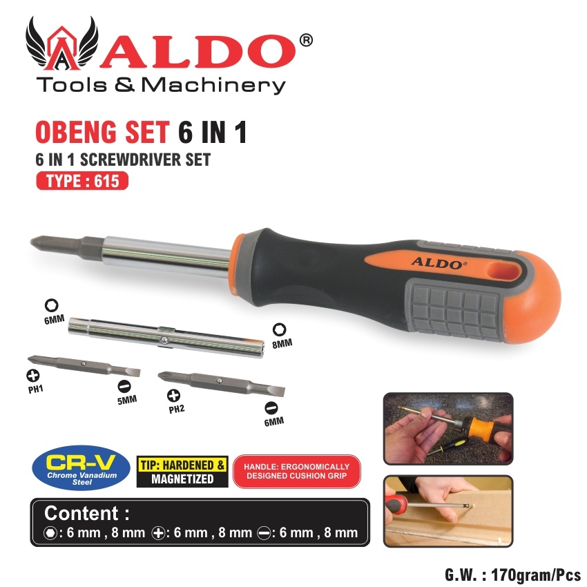 Jual OBENG SET 6 IN 1SET TYPE : 615 / 6 IN 1 SCREWDRIVER SET MERK ALDO ...