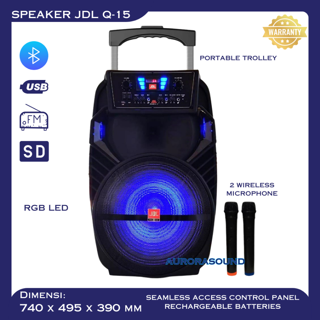 SPEAKER JDL Q-15 WIRELESS PORTABLE JDL Q15 BLUETOOTH 15 INCH BONUS MIC