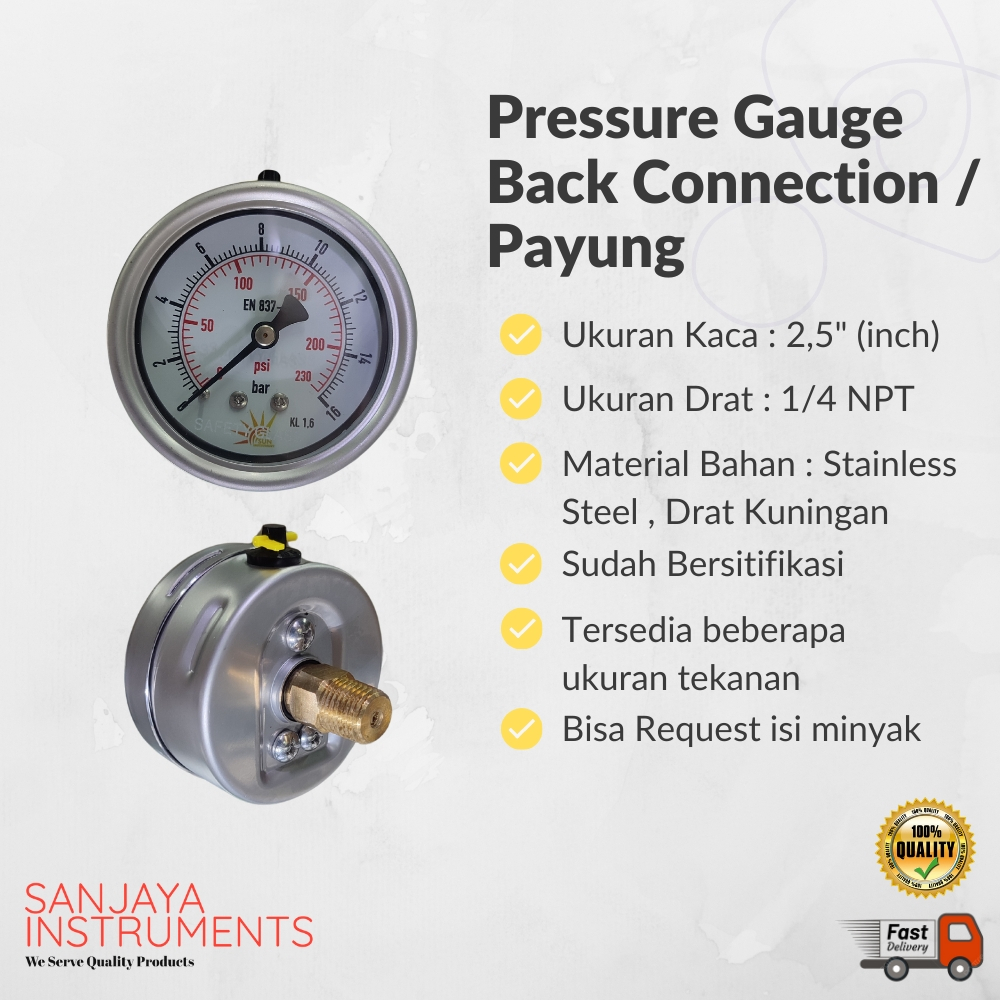 Jual Pressure Gauge 2,5" inch 10 16 25 250 400 Bar Manometer drat 1/4