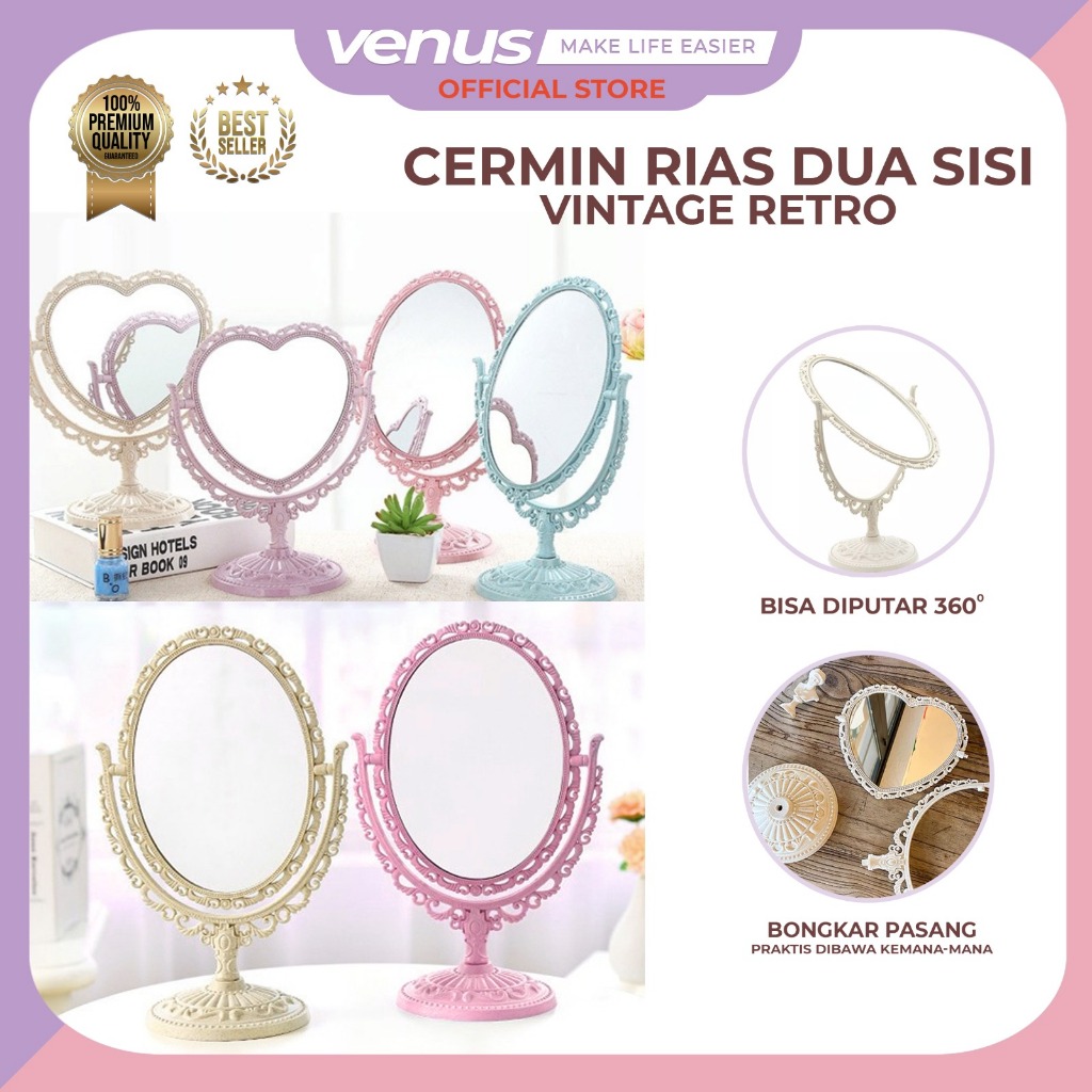 Jual Venusjkt Kaca Vintage Cermin Rias Aesthetic Dua Sisi Cermin Putar Cermin Oval Dan Love