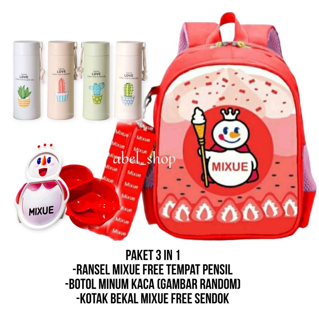 Jual Paket Hemat 3 in 1Tas Ransel Mixue + Botol minum kaca +kotak Bekal ...