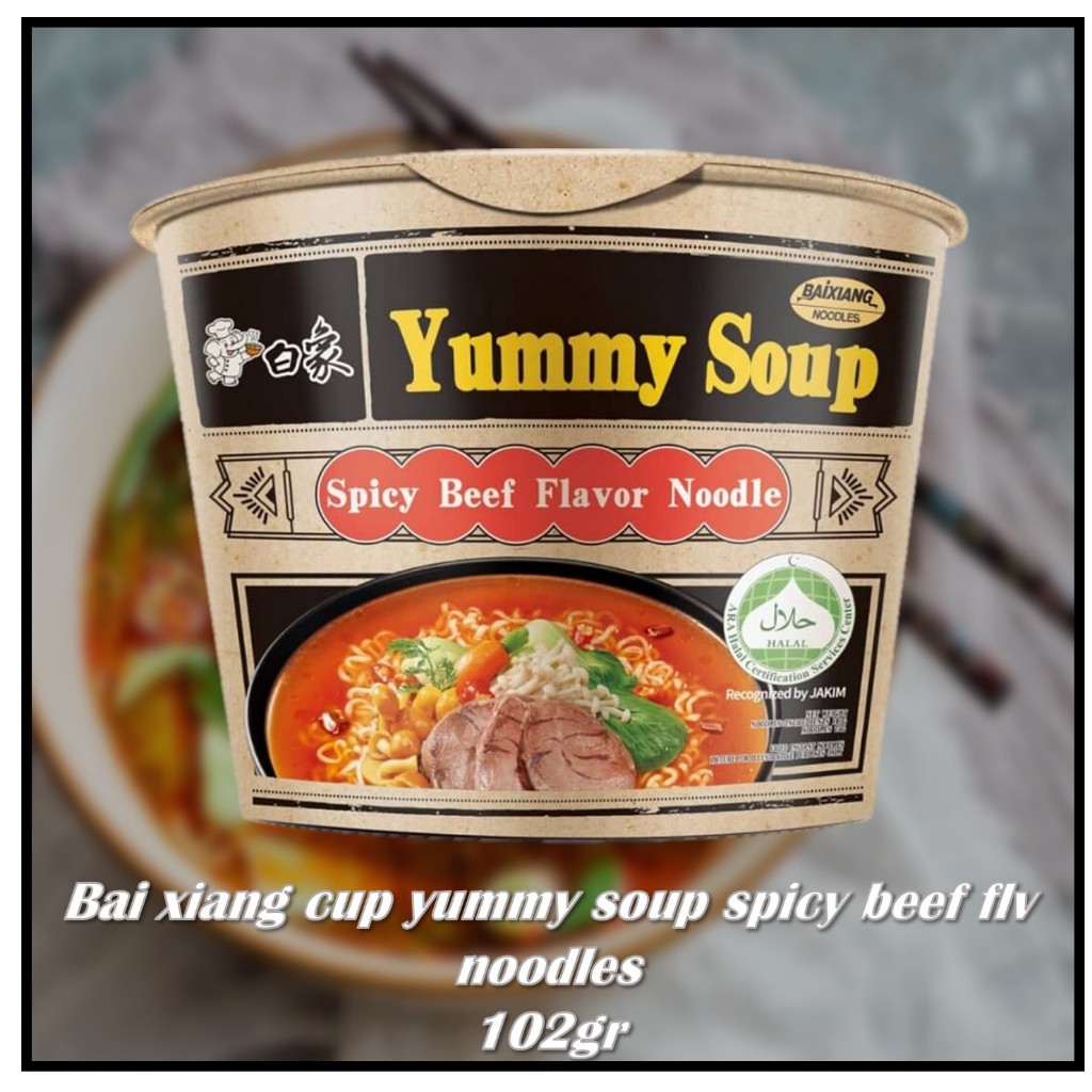 Jual Bai xiang cup yummy soup spicy beef flv noodles 102gr | Shopee ...