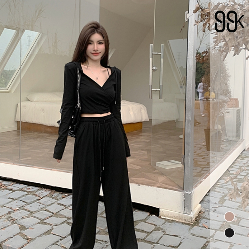 Women Fashion Casual V-Neck Long Sleeve Crop Top High Waist Pants Two-Piece Set main image 1