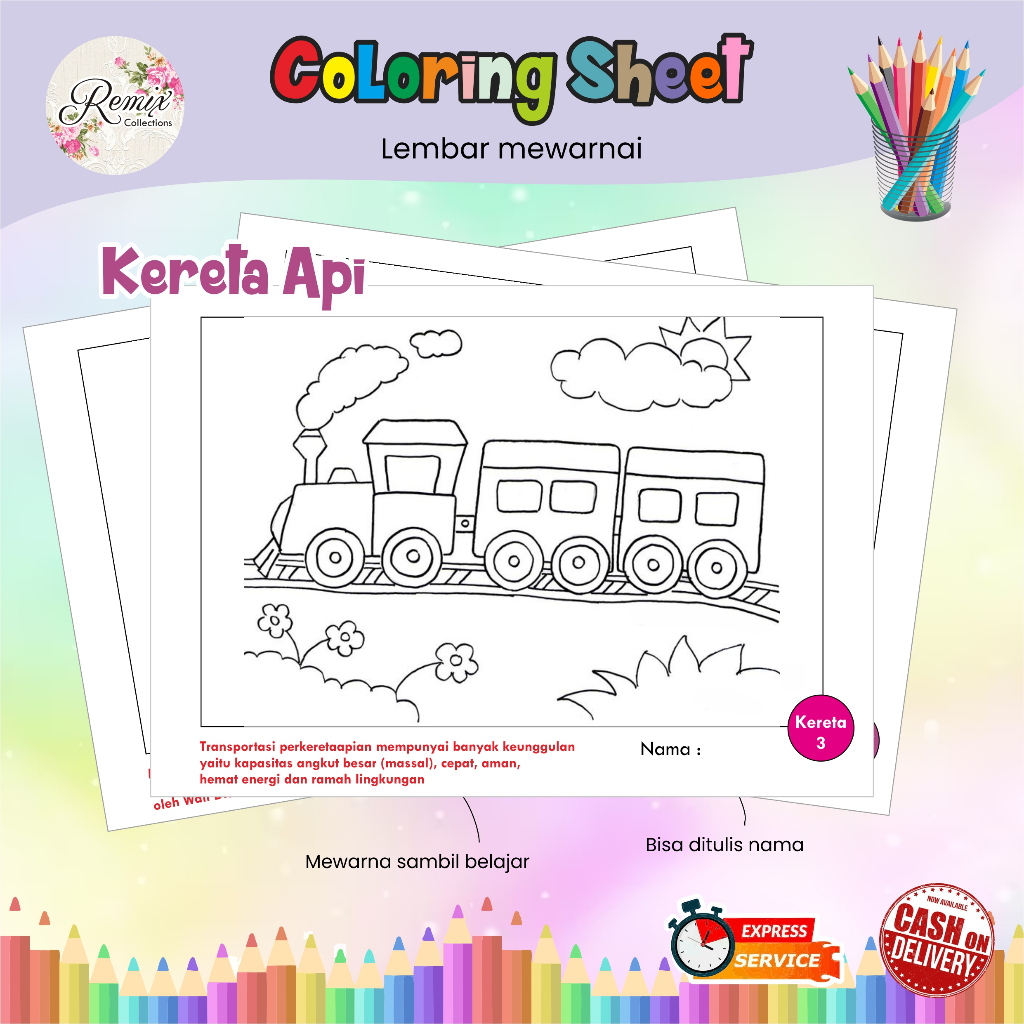 Jual Kertas Mewarnai tema KERETA API / Kertas Gambar / Kertas Warna