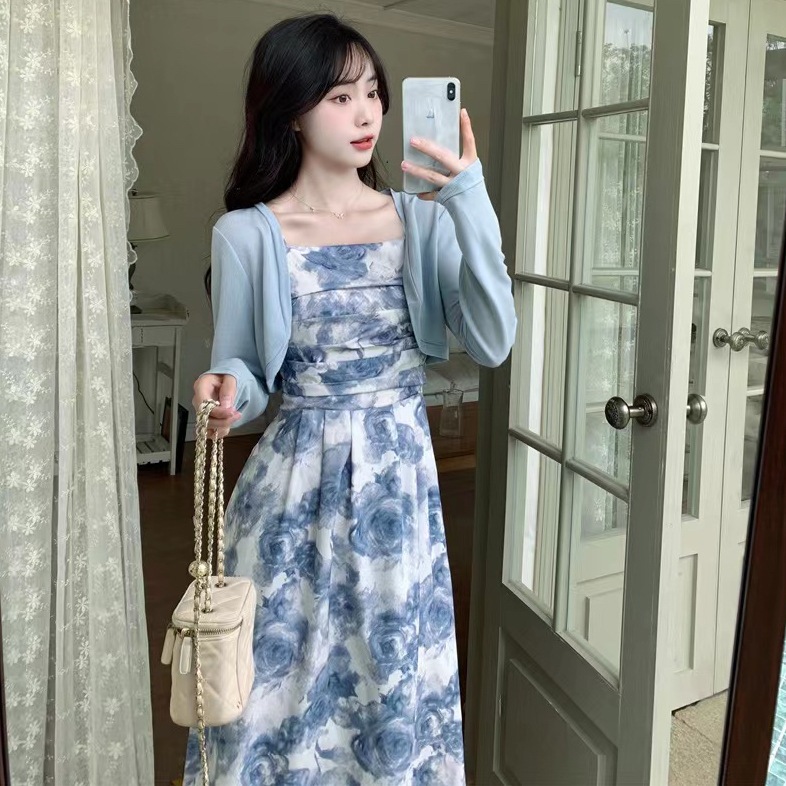Sky Blue Rose Floral Midi Dress WITH Cardigan Dress Casual Kasual Dress  Import Impor Dress Bunga Daisy Biru Putih Dress Kardigan Dress