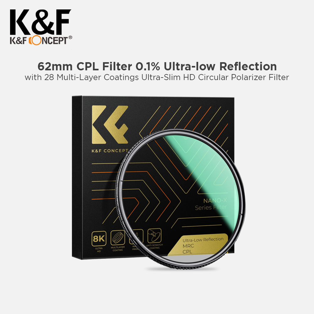 K&F Concept Nano-Xcel 62mm Ultra Low Reflective & Shock Protection UV Filter, Ultra-Hard & Reflex Ultra Low Protection UV Filter met 9H 28 Lagen Hardheid Optisch Glas Coating