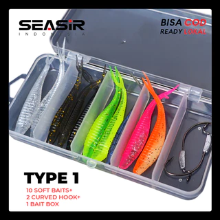 [OFFICIAL] SEASIR x SEAHUNTER Umpan Soft Lure 1set Soft Bait Fishing Lure Umpan Pancing Gabus Umpan Lembut, SET 1=10 soft lure+Free Bait Box+2 Curved Hooks(2pcsx1.8g/7cm), Type=8 Colors for 10pcs/bag, umpan casting 1 Paket/1 Set #RYOBISEASIR