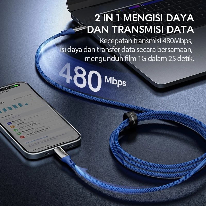 VIVAN Cable Data Kabel Charger VGCC120 C TO L Type C Lightning Fast Charging Quick Charge 240W 120M Garansi 1 Tahun