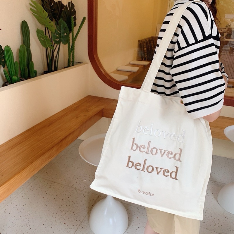 Totebag Beloved Canvas Tote Bag Wanita Tas Pundak Bordir Korean Style TAS  SELEMPANG WANITA FASHION TAS CANVAS TULISAN BELOVED WARNA WARNI