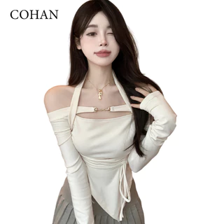 Cohan Ds011 Women's CropTop Slimbody Square Neck  Long Sleeve  Hitam Putih S/M/L