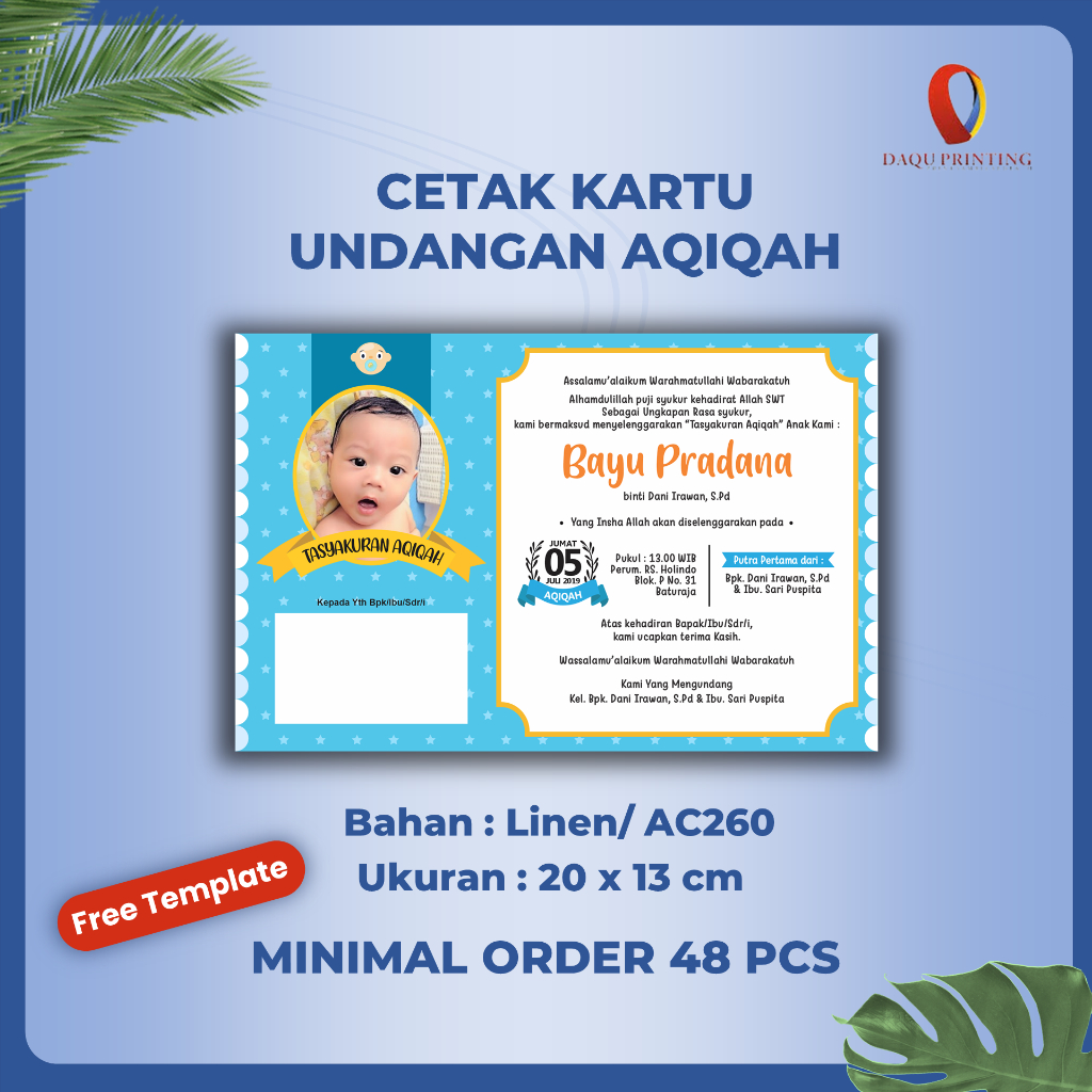 Jual Undangan Aqiqah Unik bayi laki laki dan perempuan/ Tasyakuran