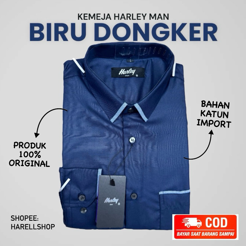 Jual Kemeja Harley Warna Biru Tua Navy Blue Biru Dongker Tangan