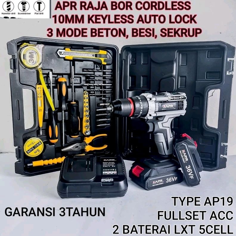 Jual Apr Raja Bor Cordless Mesin Bor Baterai Drill Impact Keyless Chuck Auto Lock Metal Beton