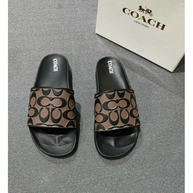 Jual sandal slip on premium CO*CH motif embos coklat corak hitam+fre ...