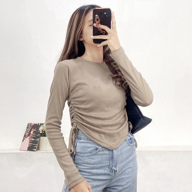 Blouse Valen Serut Pinggang Atasan Wanita Rib Tangan Panjang