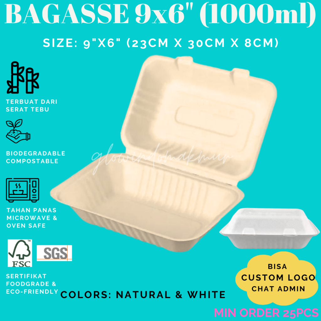Jual Bagasse Lunch Box 9x6inch 1000ml Sugarcane Lunch Box Serat Tebu ...