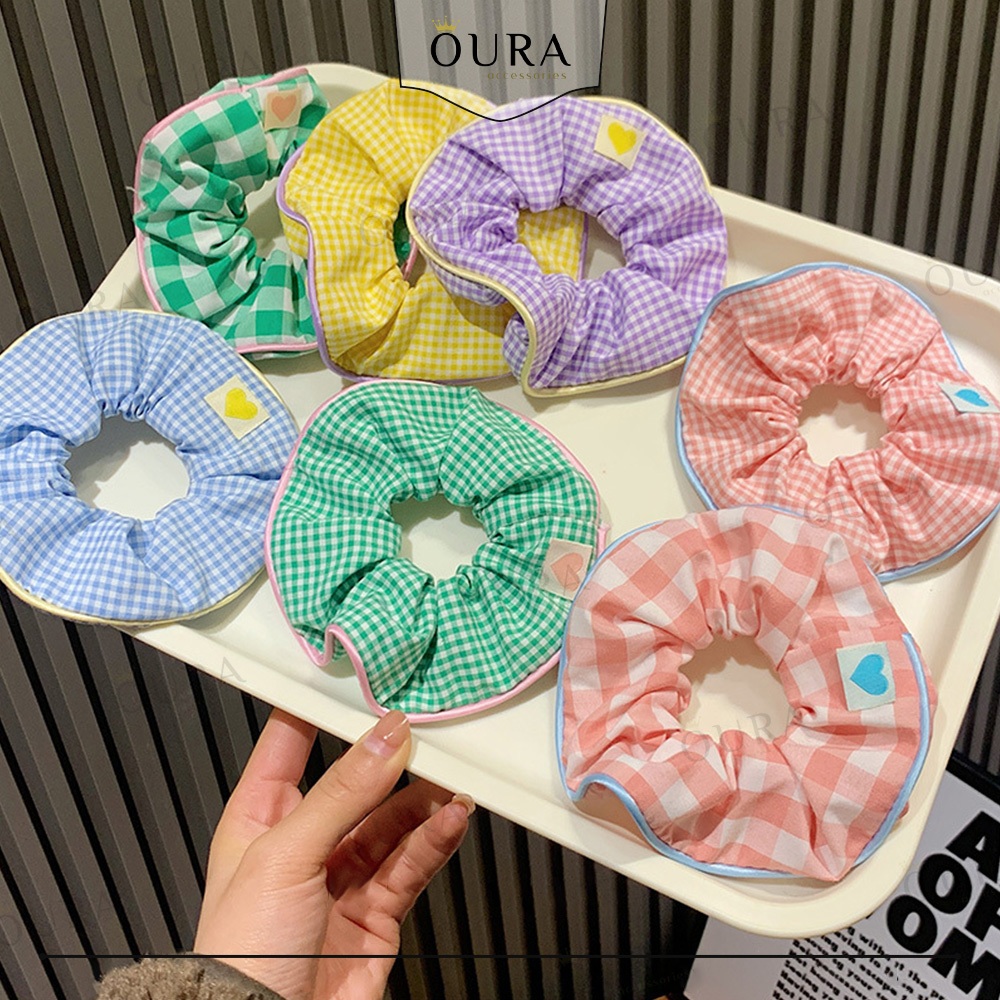 Jual Ikat Rambut Motif Kotak Scrunchie Model Square Kunciran Aesthetic ...