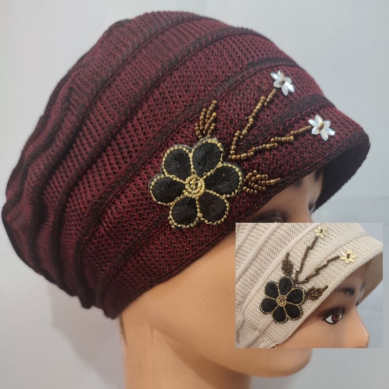Jual turban rajut/kerpus nenek motif sulam kekinian bahan tebal ...