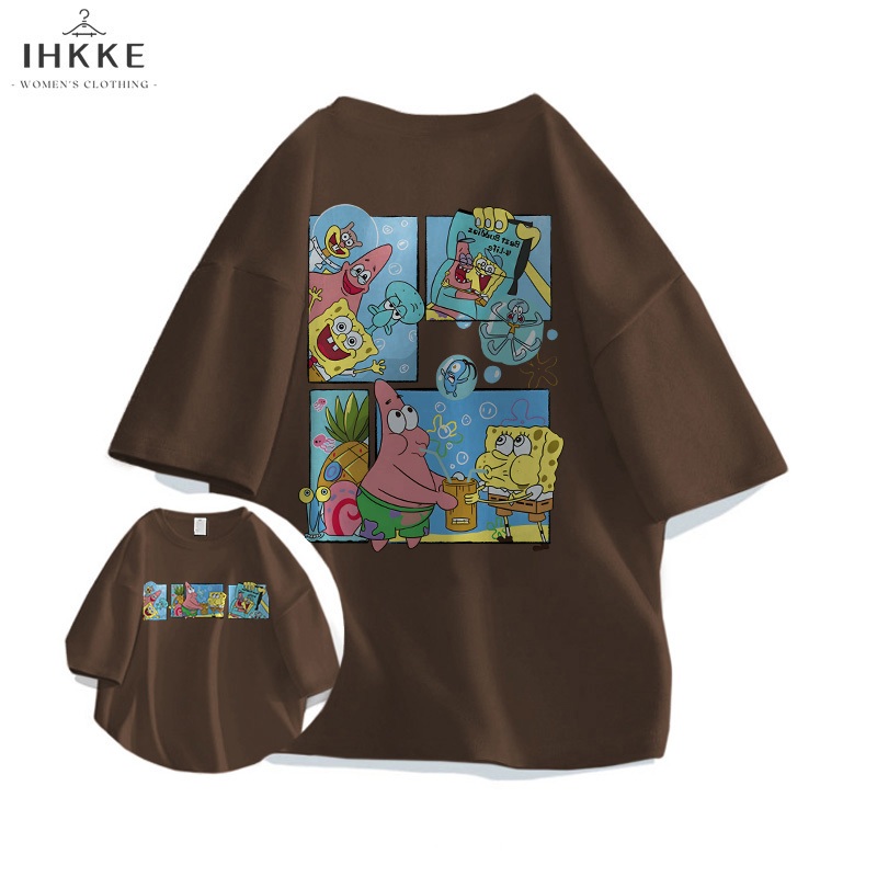 IHKKE Kaos Wanita Baju Oversize SpongeBob and Patrick Korean Style T shirt  100% Cotton Vintage