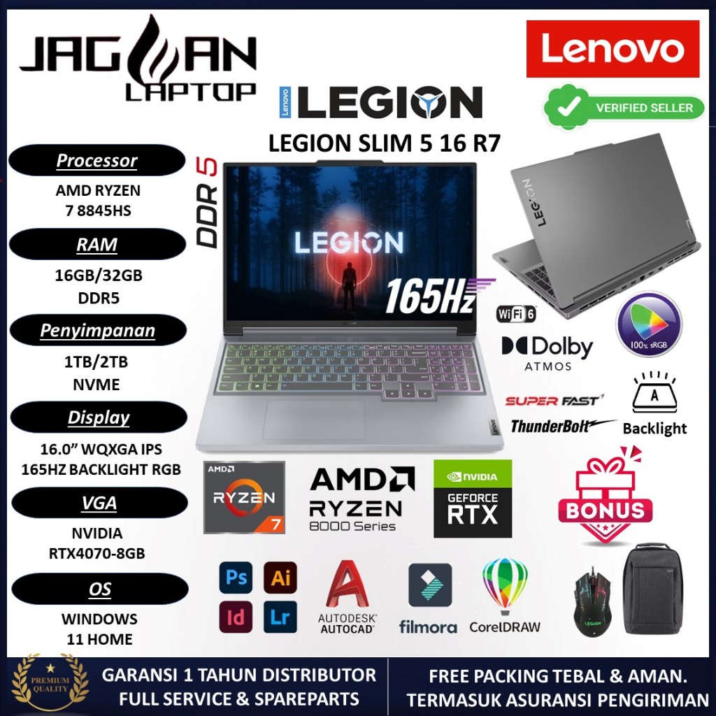 Jual LAPTOP LENOVO LEGION SLIM 5 16 AMD RYZEN 7 8845HS 32GB 1TB SSD RTX4070 8GB WQXGA165HZ WIN