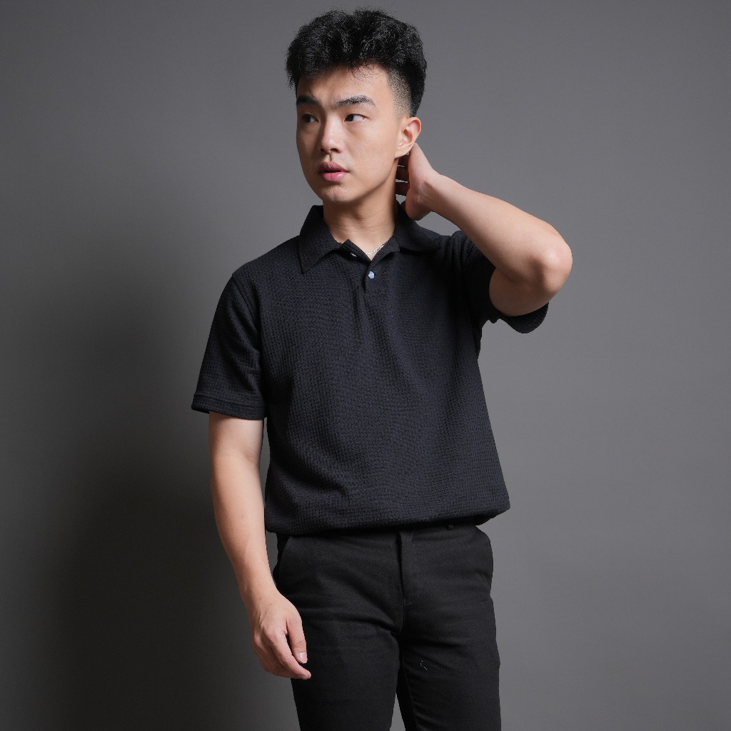 Kaos Polo Shirt Waffle Kotak Kotak Kaos Pria Lengan Pendek Premium HITAM  BLACK