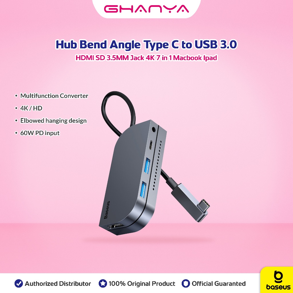 Jual BASEUS Hub Bend Angle Type C to USB 3.0 HDMI SD 3.5MM Jack 4K 7 in ...