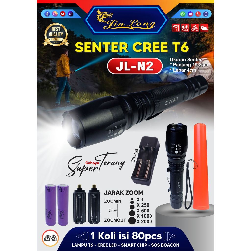 Jual Senter Swat 2 Baterai 18650 JL N2 JINLONG/Senter Swat Super Terang ...
