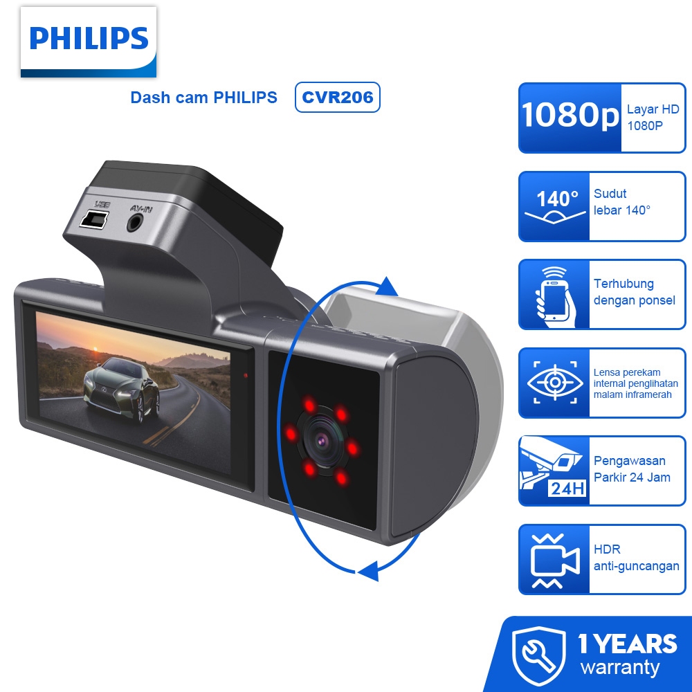 Jual Philips Dash Cam Mobil 1080P Full HD CVR206 Night Vision Car ...