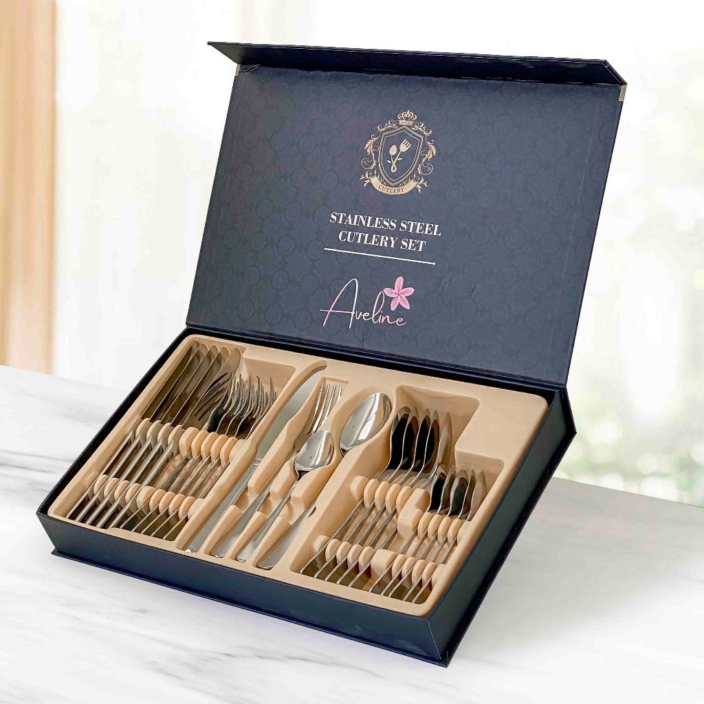 Aveline Elegant Cutlery Set Alat Makan Sendok Garpu 24 PCS / Sendok Sultan Set / Sendok Gold / Cutlery Set / Stainless Steel