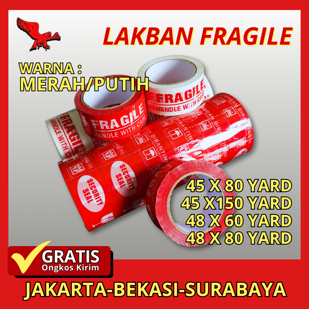 Jual Lakban Packing Fragile Merah, Putih. Ukuran 48 mm x 60 yard, 80 ...