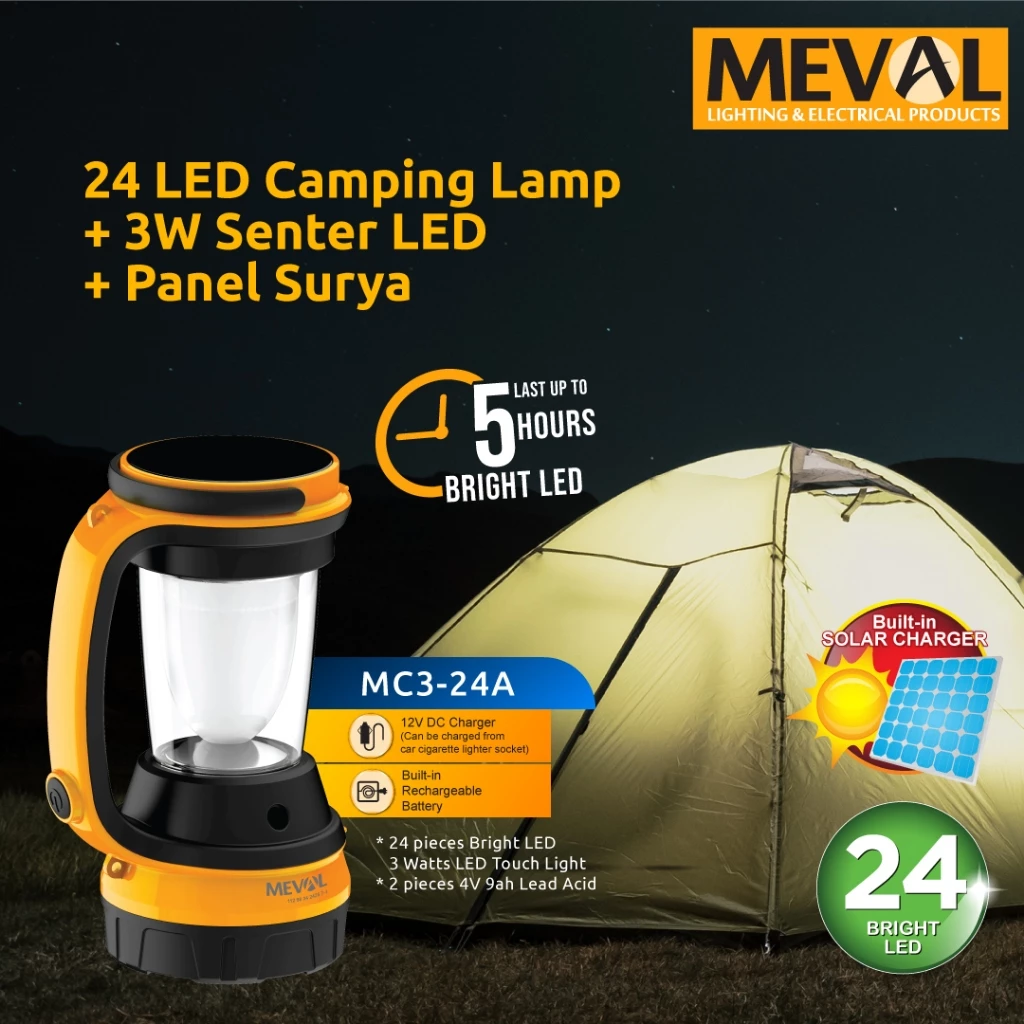 Lampu Kemah 24 LED Camping Lamp + 3W Senter + Panel Surya, Warna Putih MEVAL