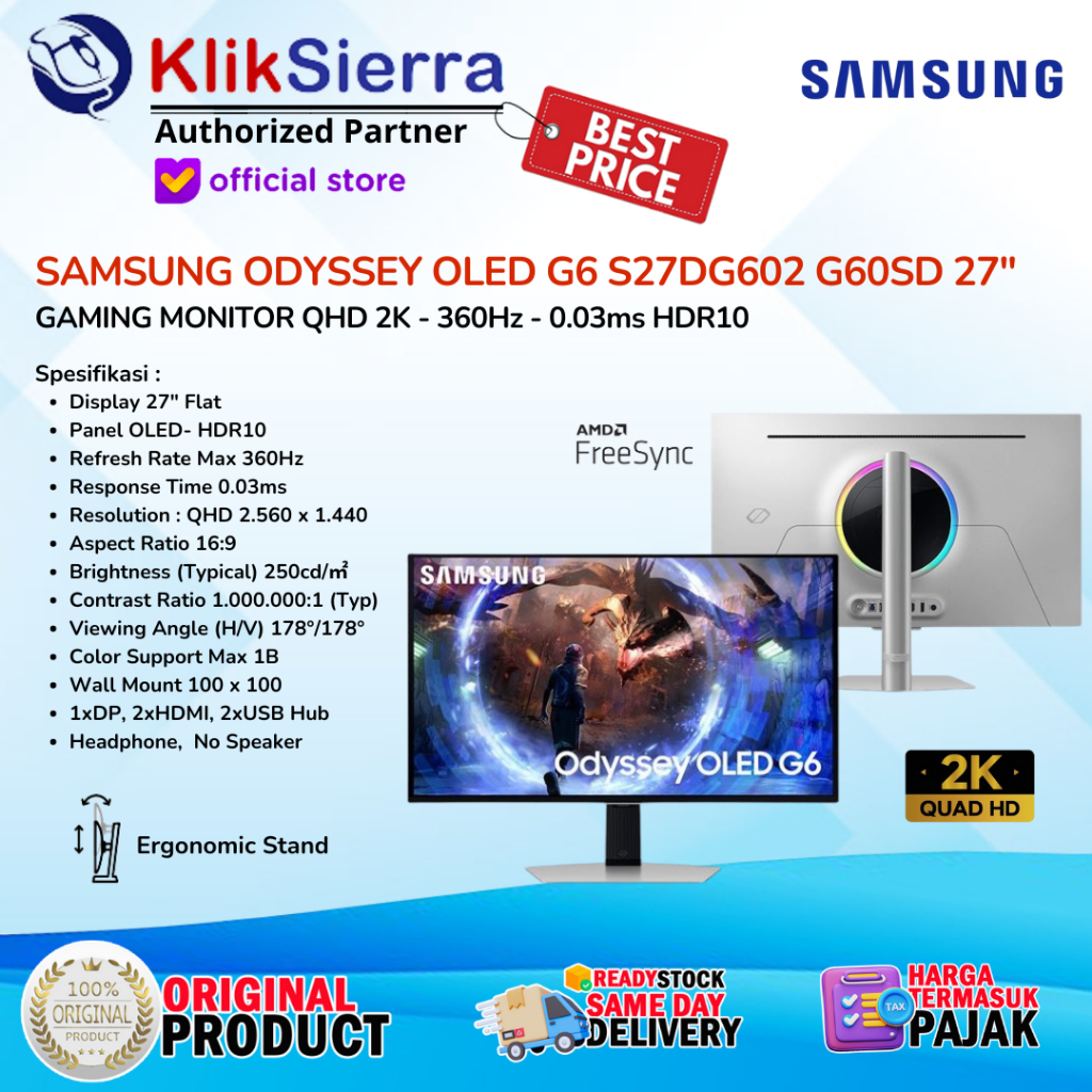 Jual SAMSUNG 27” ODYSSEY OLED G6 S27DG602 - QHD 2K 360Hz Gaming Monitor ...