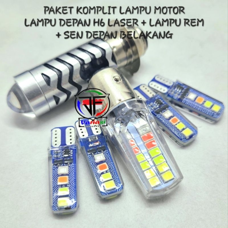 PAKET KOMPLIT Lampu Motor ( H6 Laser Putih Kuning + Stop Rem Running Pyramid BOLVAN RGBW + Sen Jelly Kedip 4 Warna RGBW Depan Belakang Universal DC 12 Volt Untuk Kendaraan Motor Motorcycle