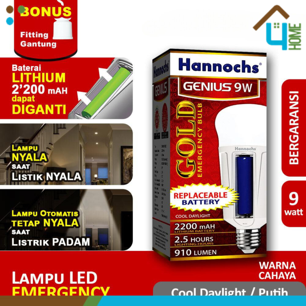 Jual Hannochs Lampu LED Genius Gold Emergency Bulb Ac Dc 9WATT | Shopee ...