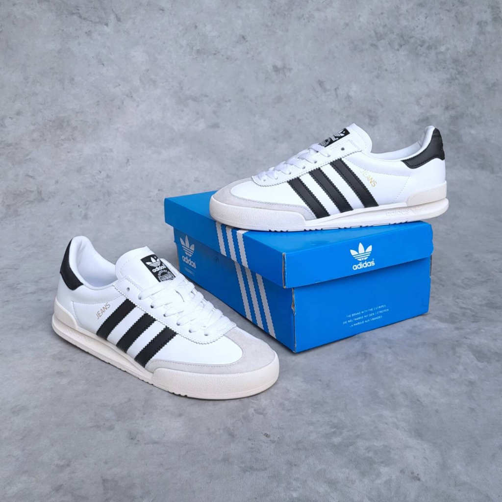 SEPATU ADIDAS JEANS CHALK WHITE BLACK ORIGINAL BNIB FULL TAG BARCODE BAHAN LEATHER KULIT SIZE 40 41 42 43 44