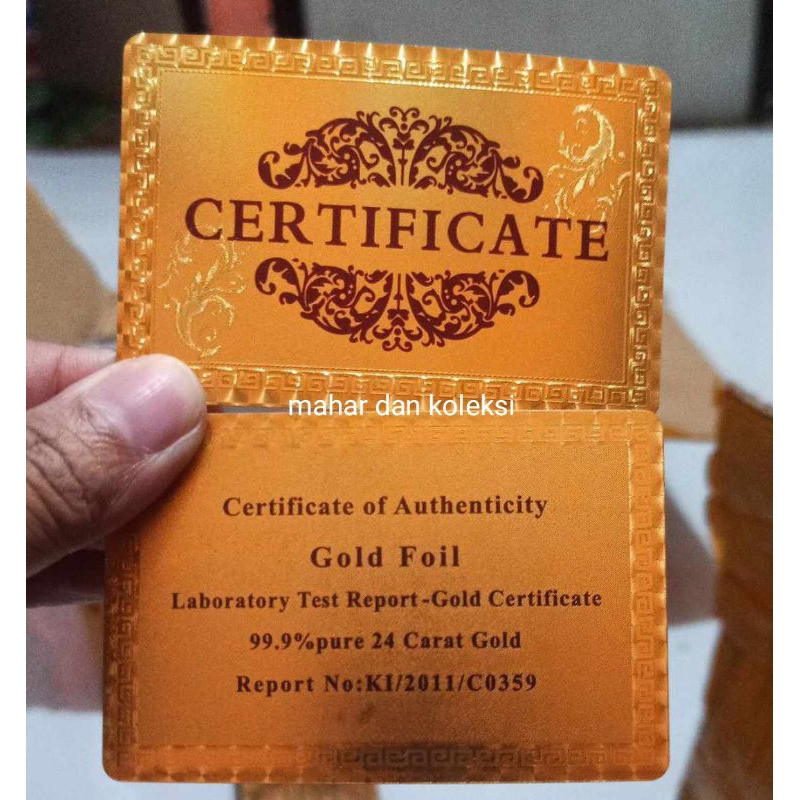 Jual COA CERTIFICATE OF AUTHENTICITY GOLD FOIL / certificate gold foil