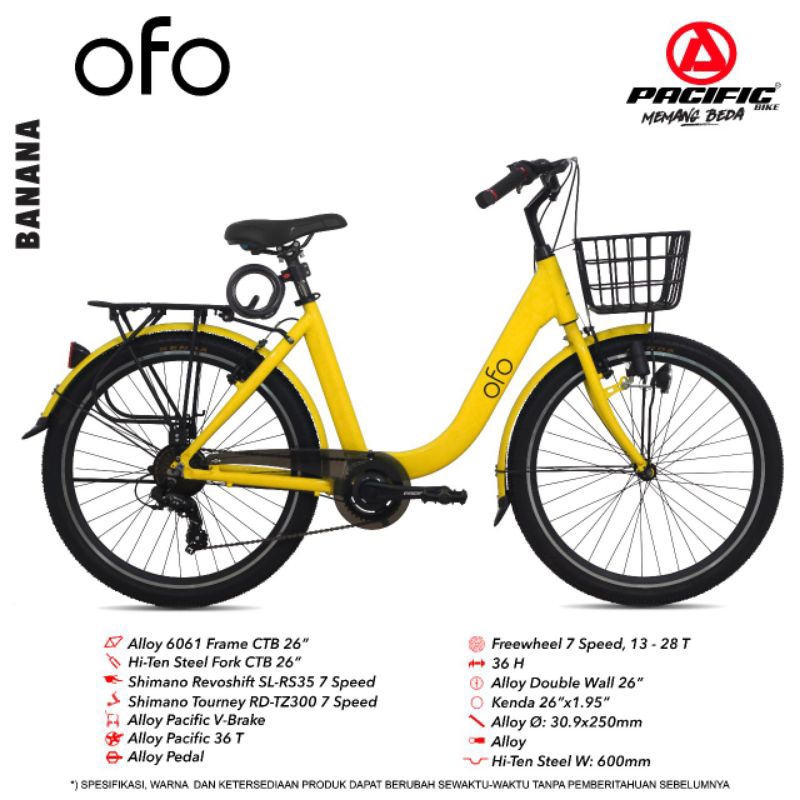 SEPEDA PEREMPUAN REMAJA DEWASA 26 INCH PACIFIC OFO CITY BIKE ALLOY SHIMANO