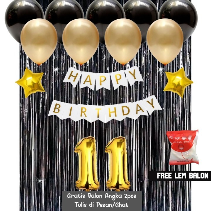 Jual Paket Set Balon Dekor Pesta Ulang Tahun Anak Backdrop Tirai Hitam Gold Dan Banner Happy