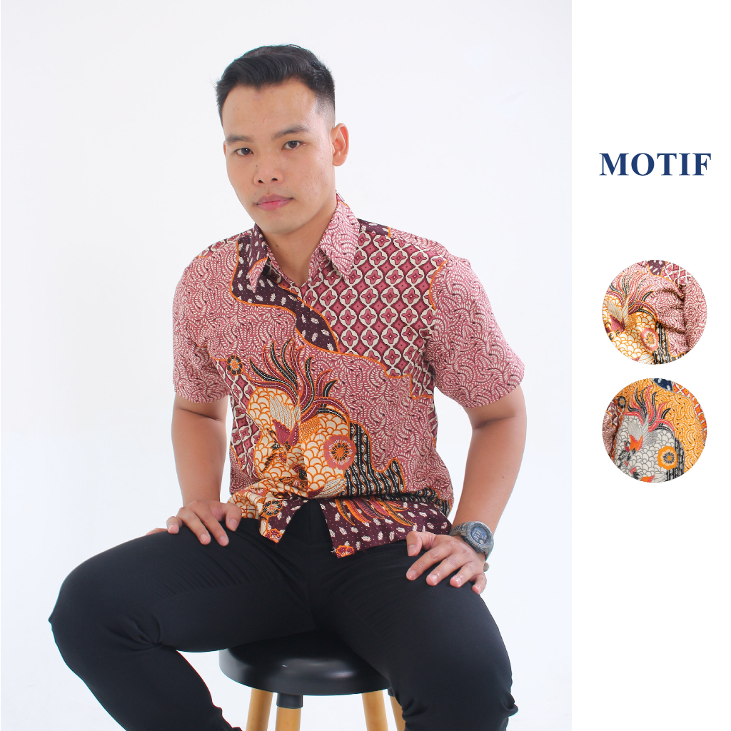 Jual Kemeja Batik Pria Lengan Pendek Dobby Motif Merak Ekor Benang