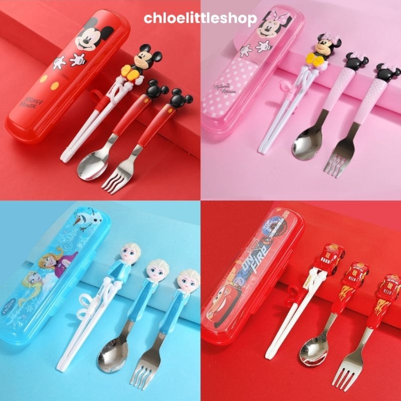 Jual DISNEY Training Chopsticks Set + Spoon + Fork with Case Sendok