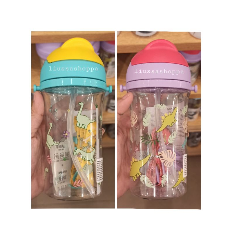 Jual Botol Miniso Dinosaur Series Plastic Water Bottle with Straw and Shoulder Strap (400ml