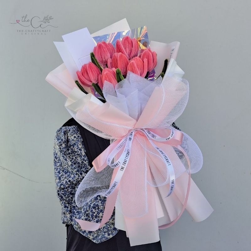 Jual Buket Tulip Mercy Pink 7 Tangkai Buket Bunga Wisuda Ulangtahun