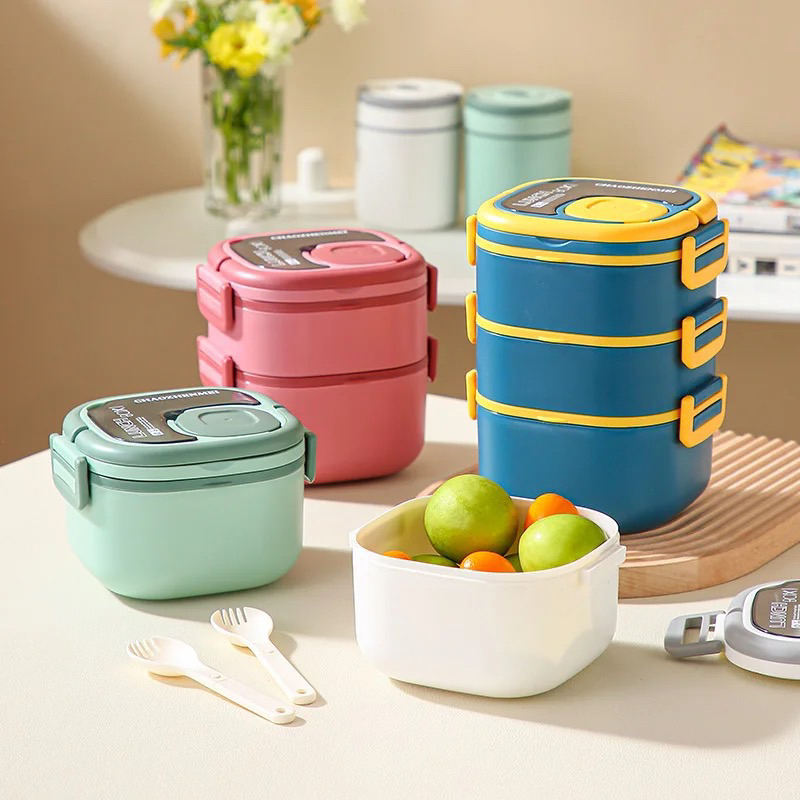 Jual LUNCH BOX 2 TINGKAT KOTAK MAKAN FREE SENDOK BENTO SET 800ML 9041 ...